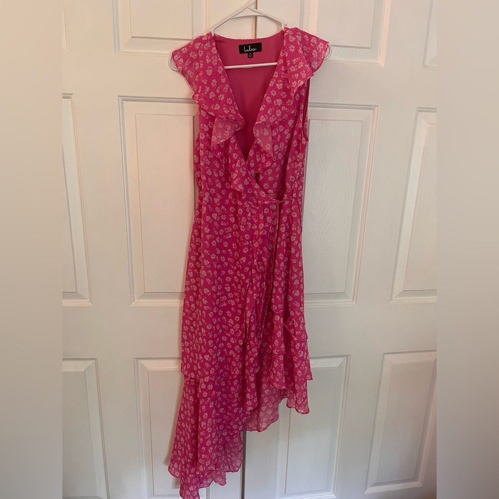 Lulus Pink and White Midi Wrap Tie Dress